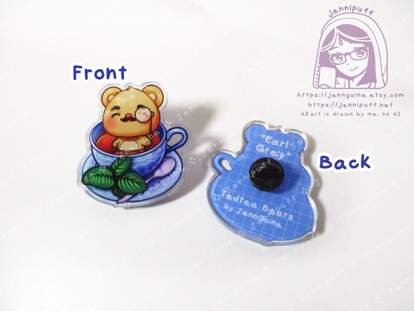 TedTea Bear Earl Grey Black Tea Double-Sided Double-Walled Recycled Acrylic 40mm 1.5in Pin with Black Rubber Clutch Original Character