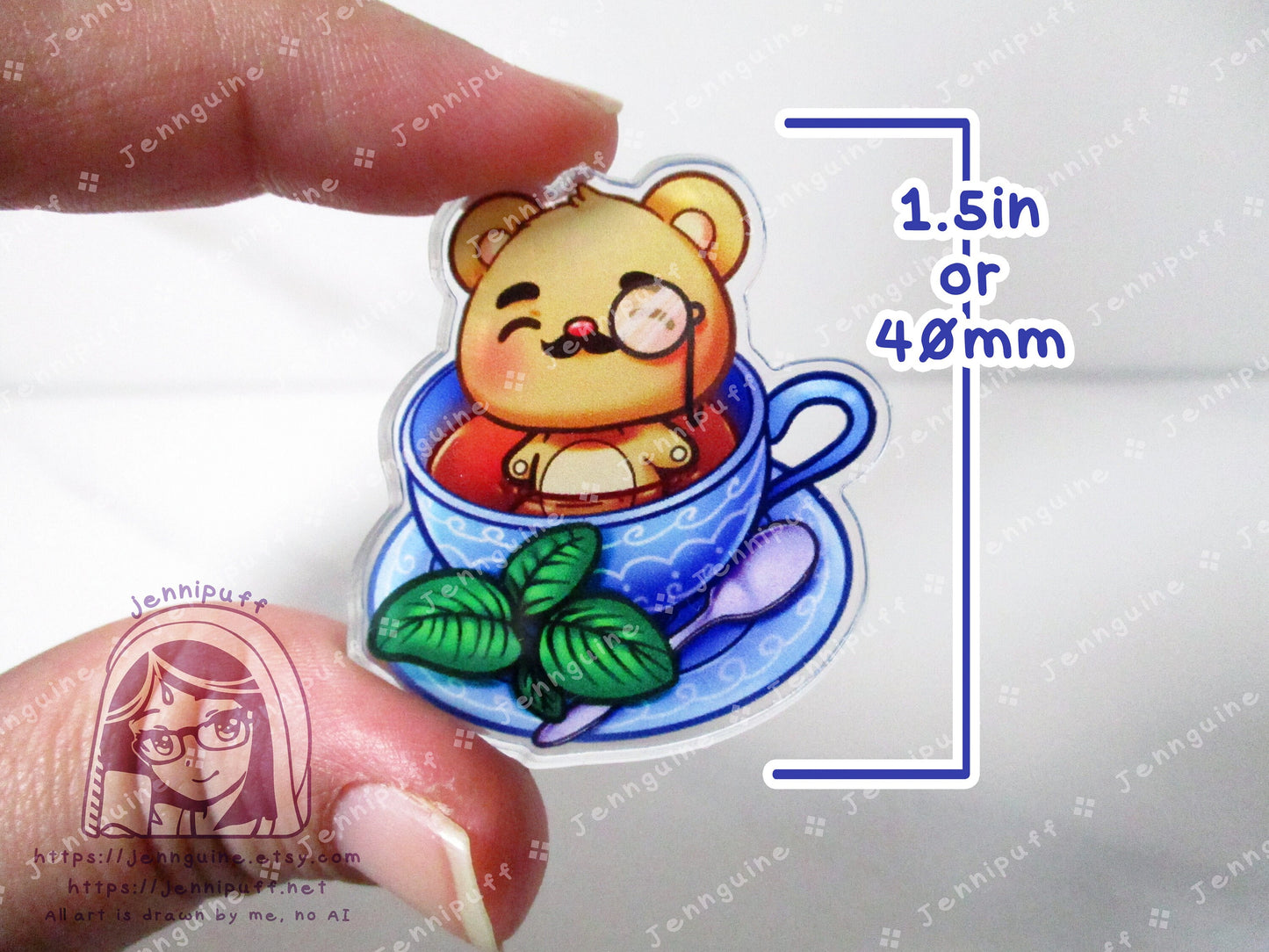 TedTea Bear Earl Grey Black Tea Double-Sided Double-Walled Recycled Acrylic 40mm 1.5in Pin with Black Rubber Clutch Original Character