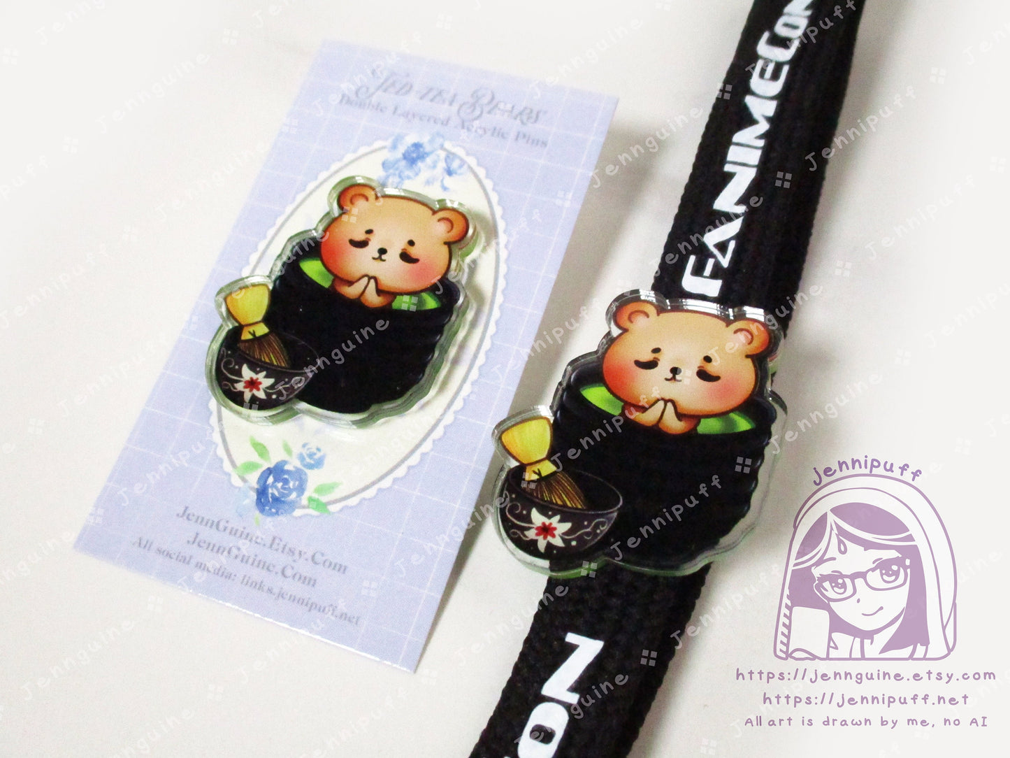 TedTea Bear Matcha Green Tea Double-Sided Double-Walled Recycled Acrylic 40mm 1.5in Pin with Black Rubber Clutch Original Character