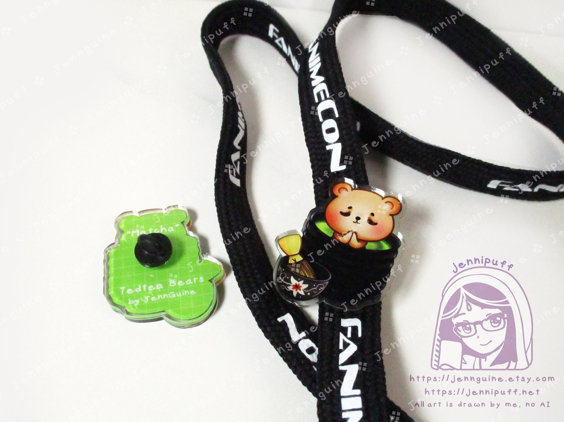 TedTea Bear Matcha Green Tea Double-Sided Double-Walled Recycled Acrylic 40mm 1.5in Pin with Black Rubber Clutch Original Character