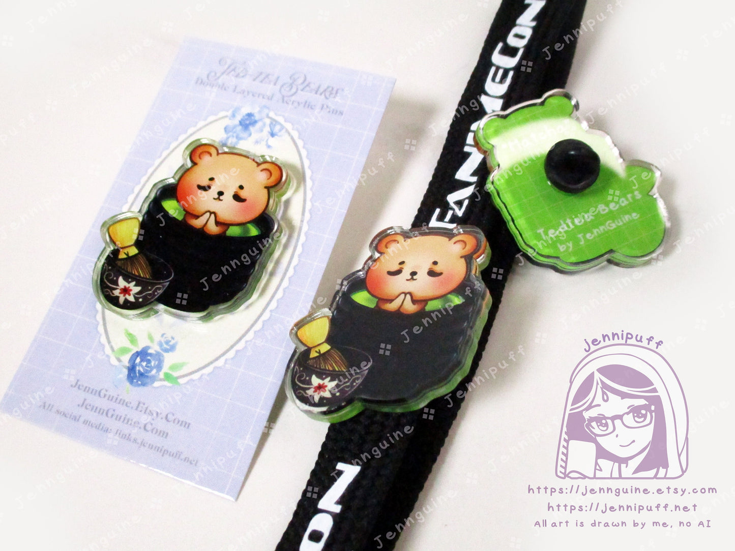 TedTea Bear Matcha Green Tea Double-Sided Double-Walled Recycled Acrylic 40mm 1.5in Pin with Black Rubber Clutch Original Character