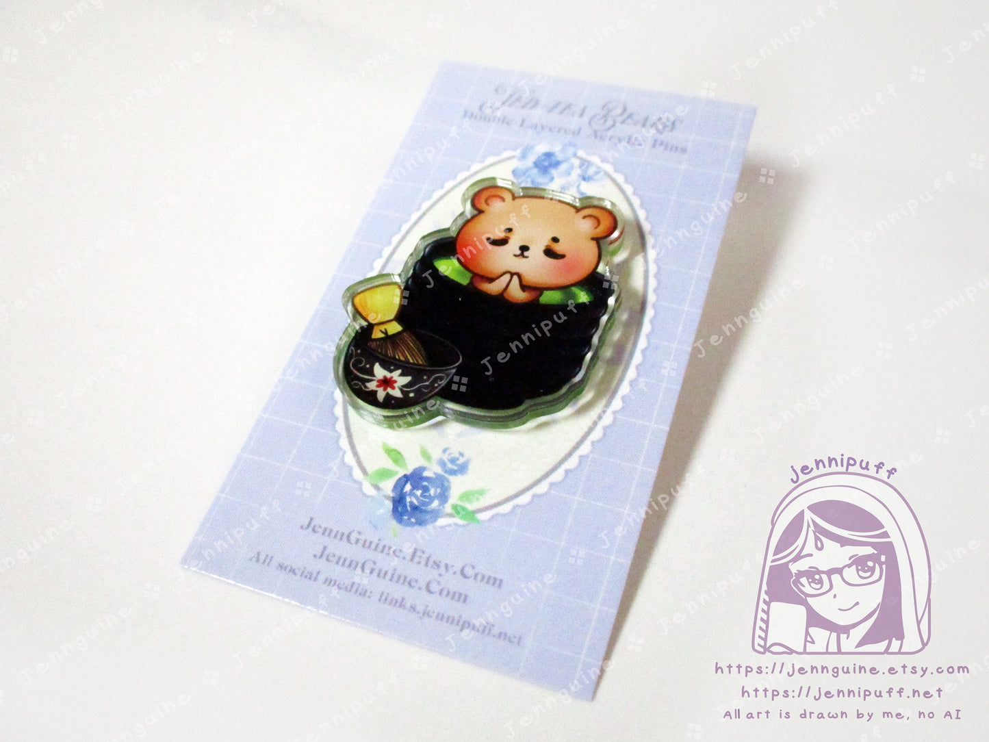 TedTea Bear Matcha Green Tea Double-Sided Double-Walled Recycled Acrylic 40mm 1.5in Pin with Black Rubber Clutch Original Character