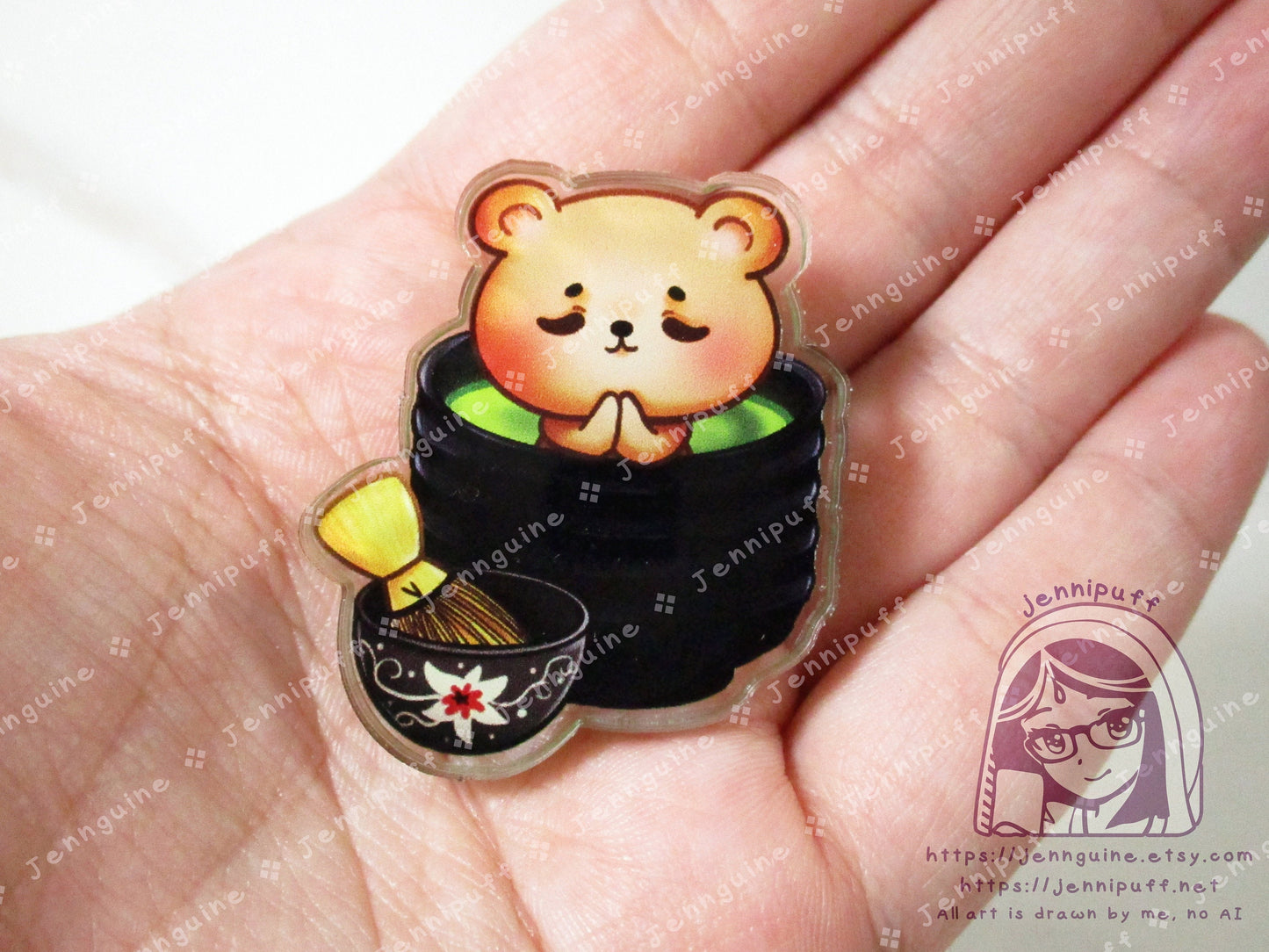 TedTea Bear Matcha Green Tea Double-Sided Double-Walled Recycled Acrylic 40mm 1.5in Pin with Black Rubber Clutch Original Character