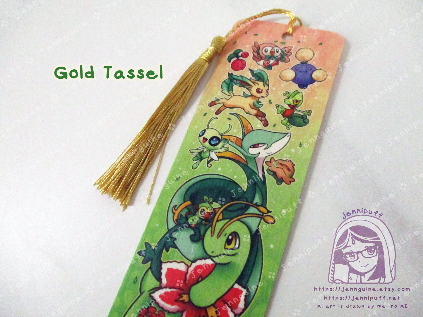 Grass Poké Pkmn Meganium Bulbasaur Celebi Leafeon Double Sided Printed Bookmark 2x6in - Made of Real Maple Wood 2ply Veneer - Gold Tassel