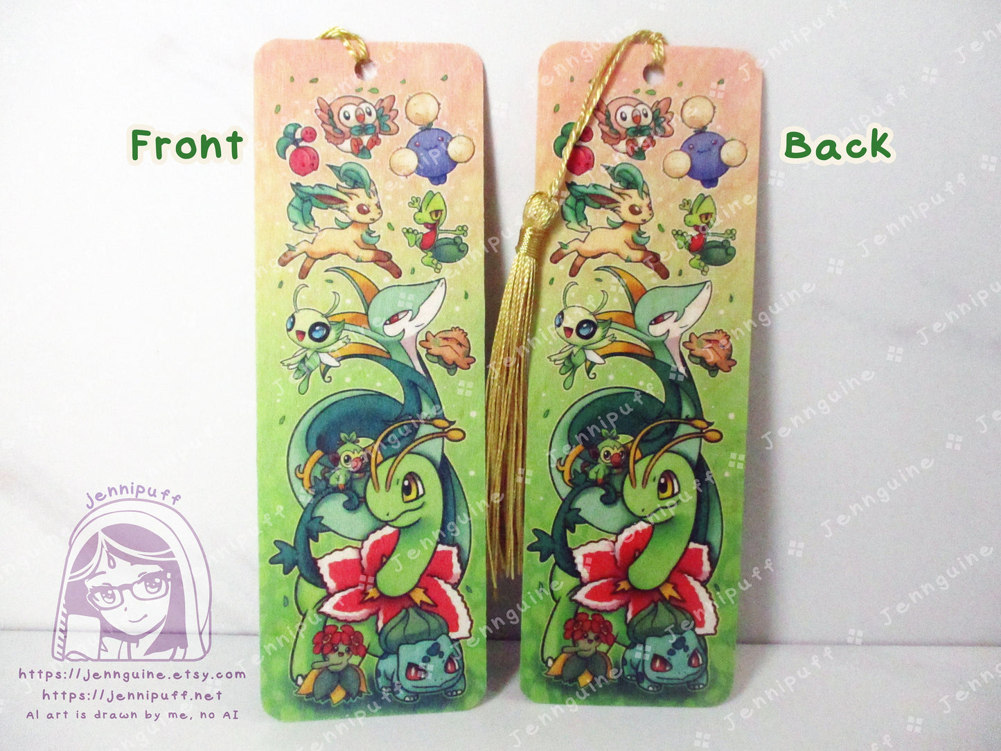 Grass Poké Pkmn Meganium Bulbasaur Celebi Leafeon Double Sided Printed Bookmark 2x6in - Made of Real Maple Wood 2ply Veneer - Gold Tassel