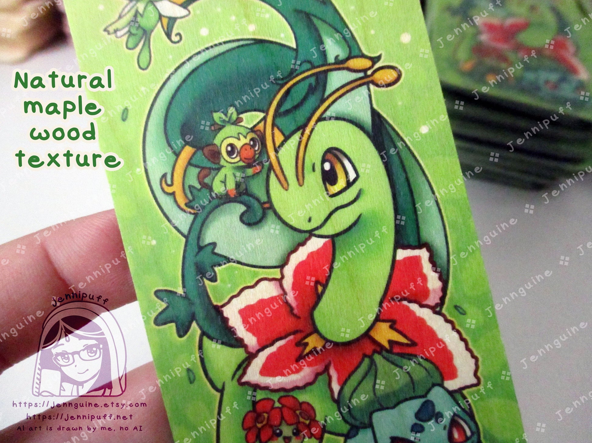 Grass Poké Pkmn Meganium Bulbasaur Celebi Leafeon Double Sided Printed Bookmark 2x6in - Made of Real Maple Wood 2ply Veneer - Gold Tassel