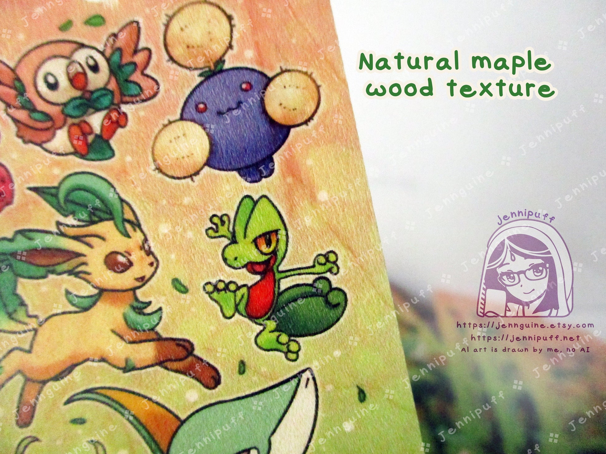 Grass Poké Pkmn Meganium Bulbasaur Celebi Leafeon Double Sided Printed Bookmark 2x6in - Made of Real Maple Wood 2ply Veneer - Gold Tassel