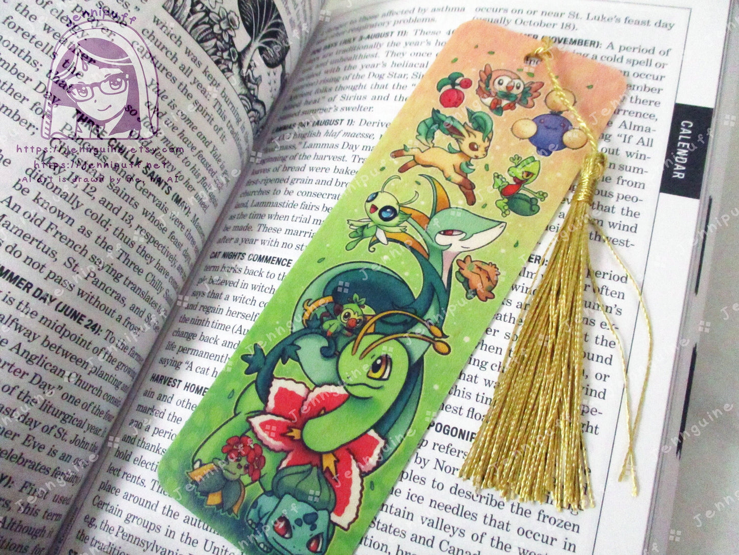 Grass Poké Pkmn Meganium Bulbasaur Celebi Leafeon Double Sided Printed Bookmark 2x6in - Made of Real Maple Wood 2ply Veneer - Gold Tassel