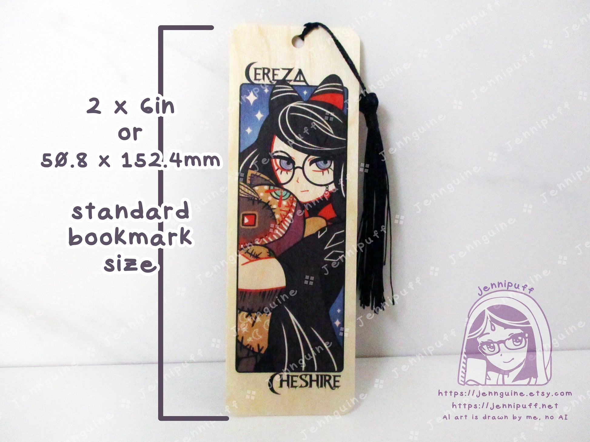 Cereza Cheshire Lost Demon Bayonetta Origins Double Sided Printed Bookmark 2x6in - Made of Real Maple Wood 2ply Veneer - Black Tassel