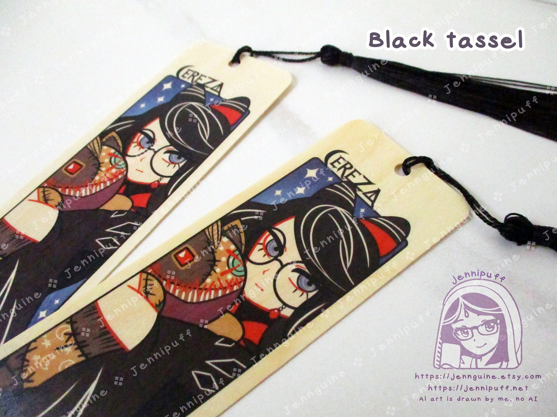 Cereza Cheshire Lost Demon Bayonetta Origins Double Sided Printed Bookmark 2x6in - Made of Real Maple Wood 2ply Veneer - Black Tassel