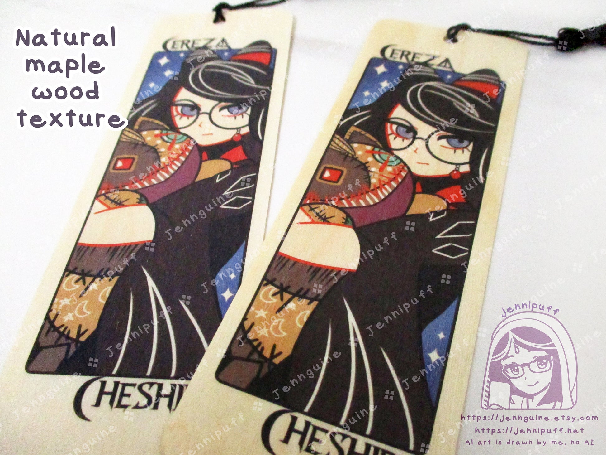 Cereza Cheshire Lost Demon Bayonetta Origins Double Sided Printed Bookmark 2x6in - Made of Real Maple Wood 2ply Veneer - Black Tassel