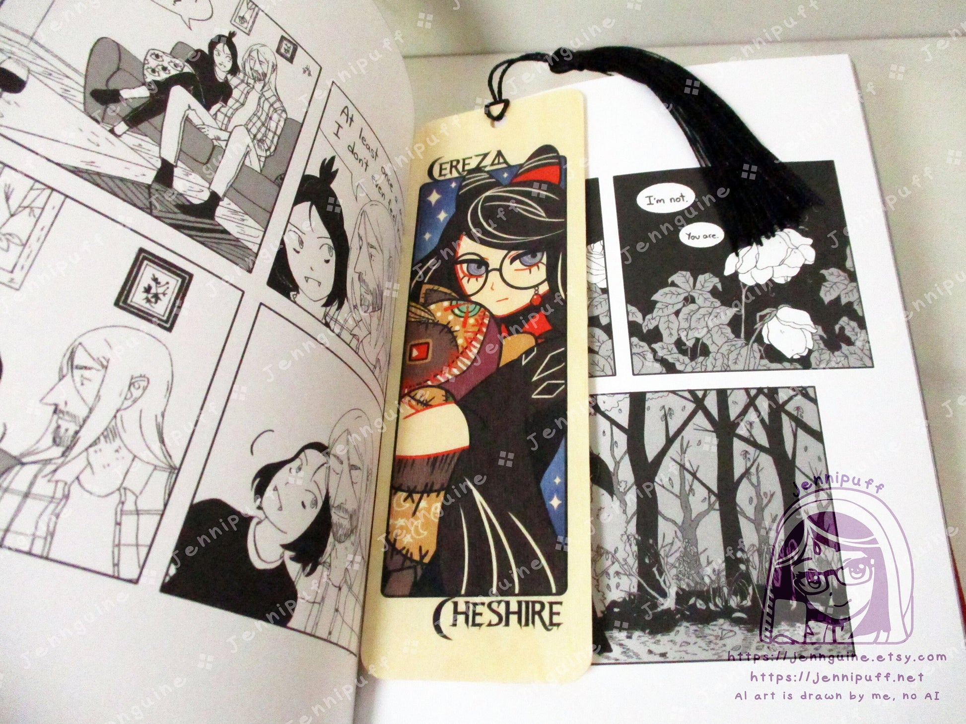 Cereza Cheshire Lost Demon Bayonetta Origins Double Sided Printed Bookmark 2x6in - Made of Real Maple Wood 2ply Veneer - Black Tassel