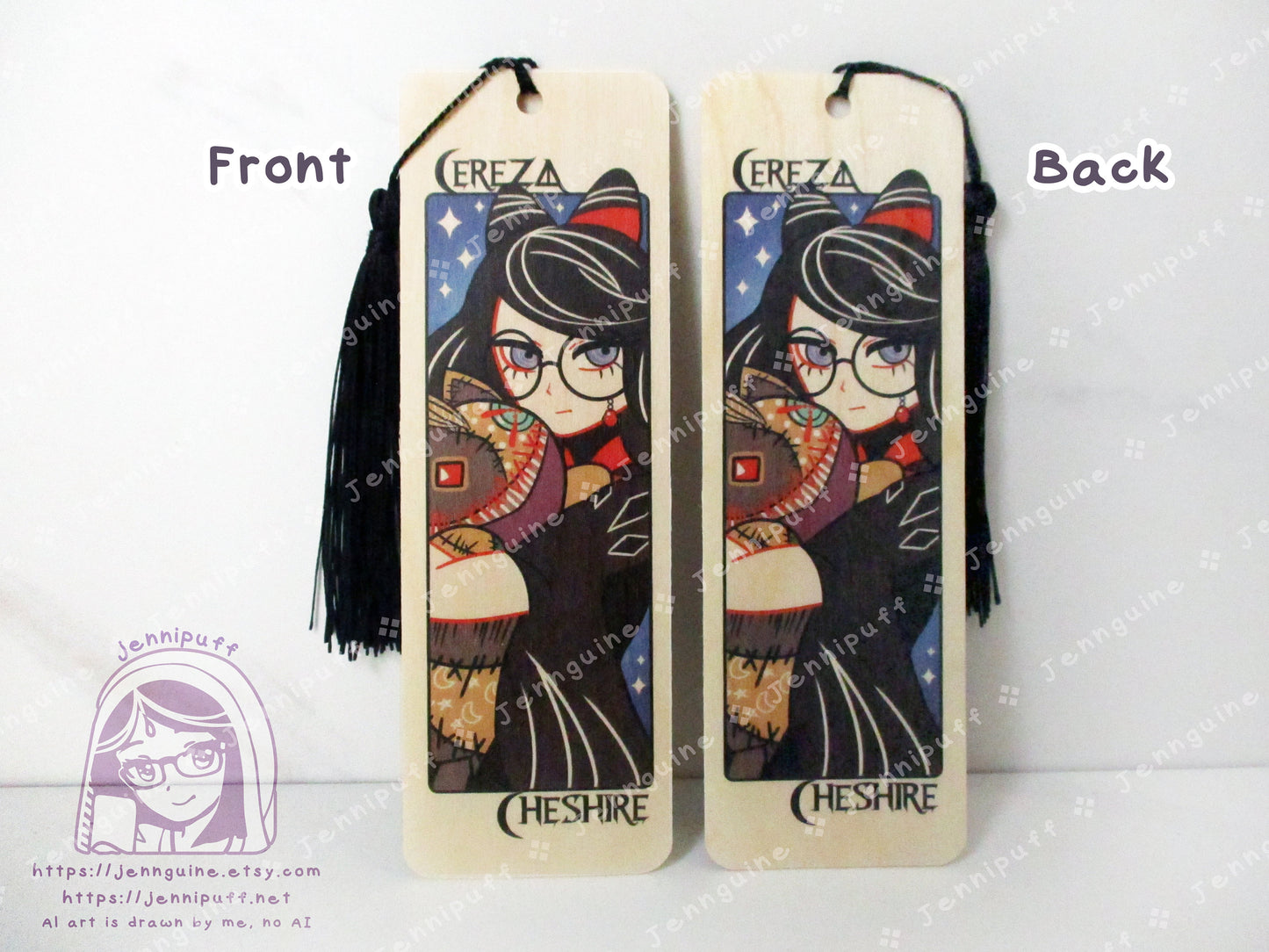 Cereza Cheshire Lost Demon Bayonetta Origins Double Sided Printed Bookmark 2x6in - Made of Real Maple Wood 2ply Veneer - Black Tassel