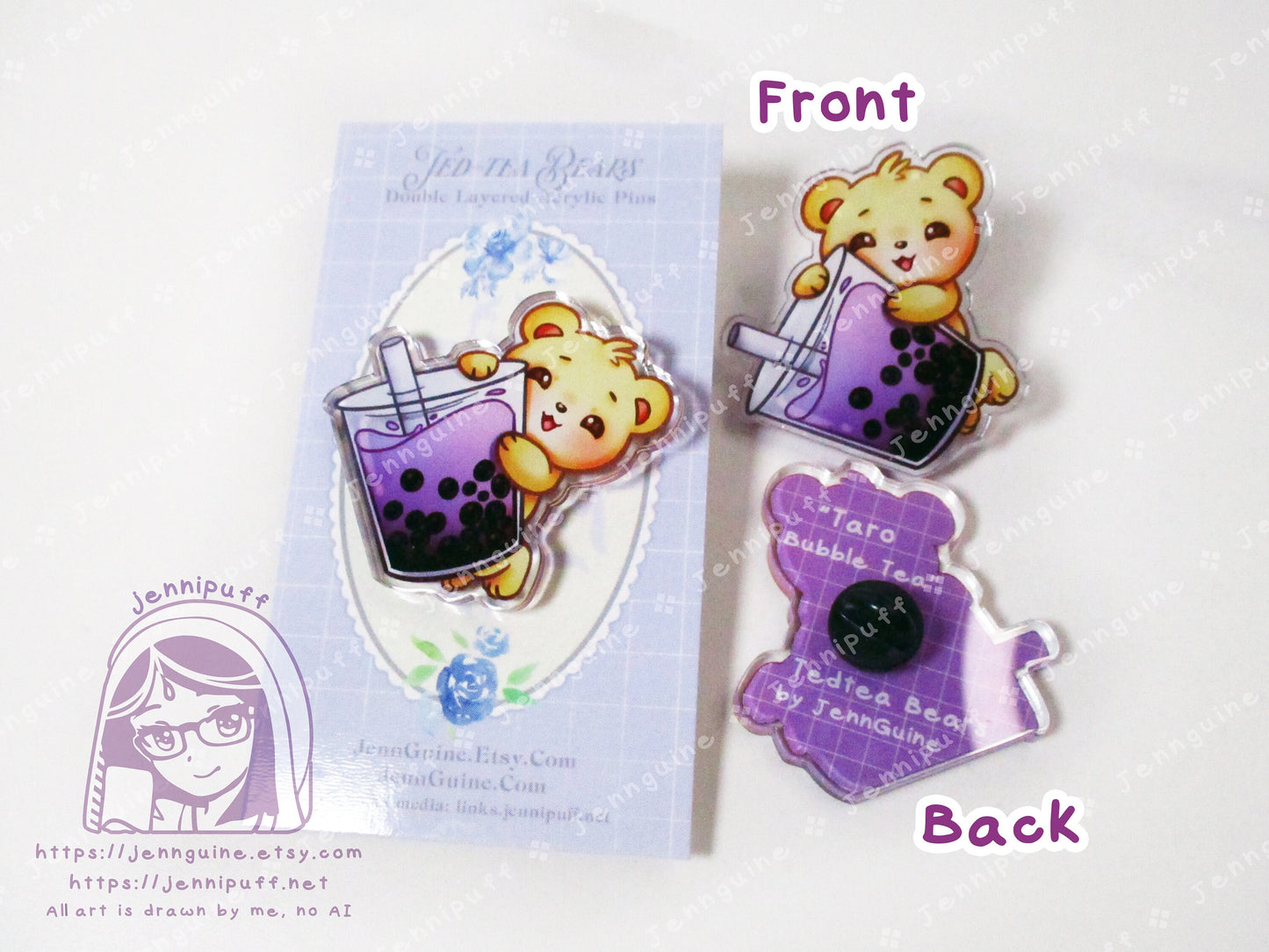 TedTea Bear Taro Boba Milk Bubble Tea Double-Sided Double-Walled Recycled Acrylic 40mm 1.5in Pin with Black Rubber Clutch Original Character