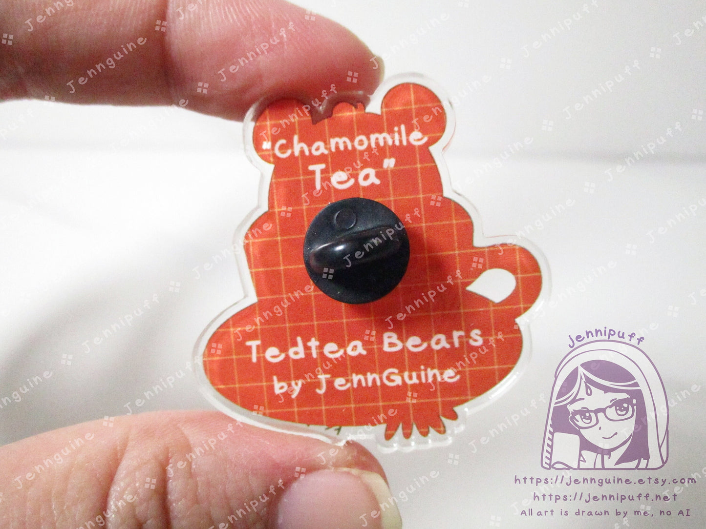 TedTea Bear Taro Chamomile Herbal Tea Double-Sided Double-Walled Recycled Acrylic 40mm 1.5in Pin with Black Rubber Clutch Original Character