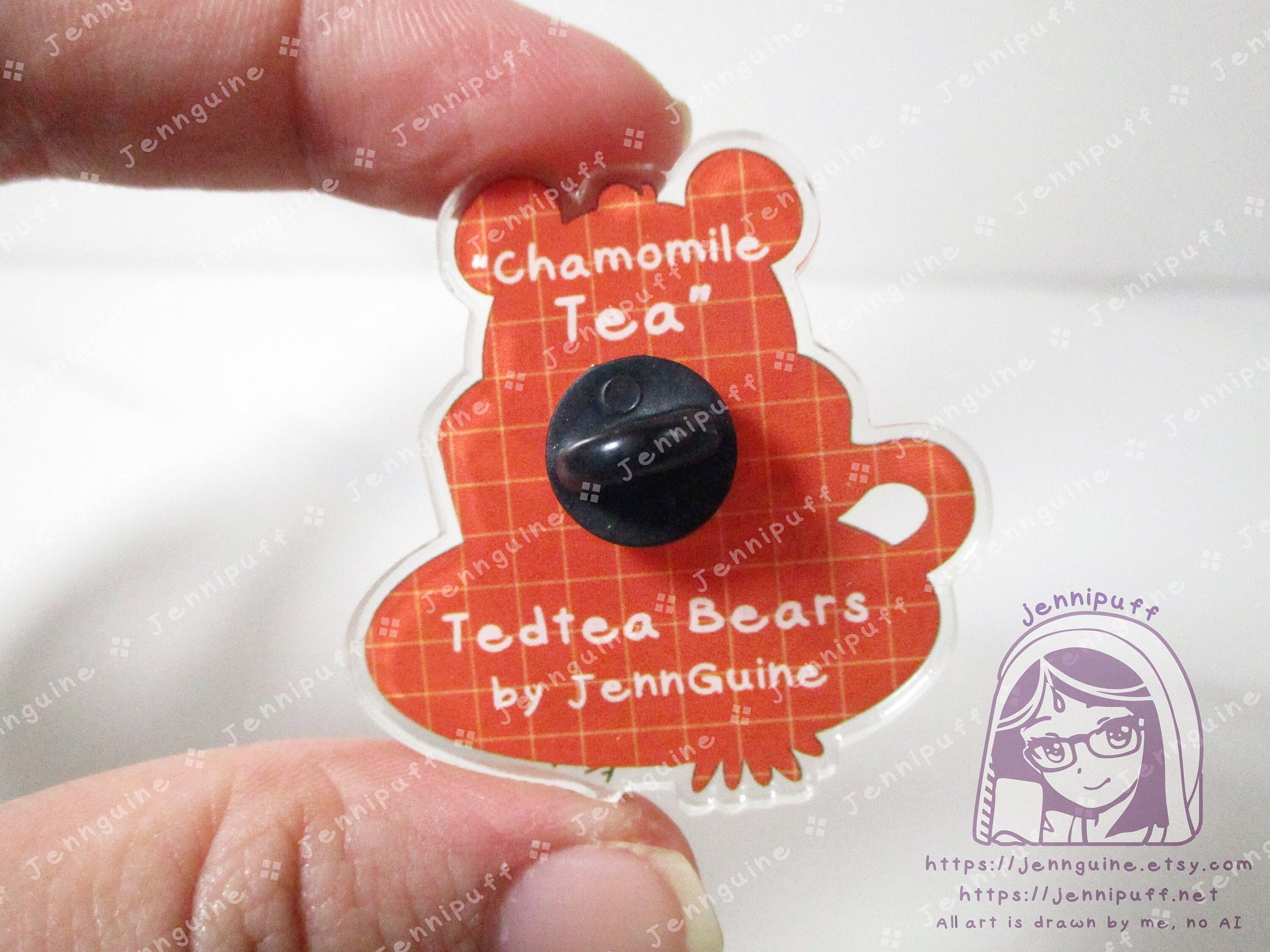 TedTea Bear Taro Chamomile Herbal Tea Double-Sided Double-Walled Recycled Acrylic 40mm 1.5in Pin with Black Rubber Clutch Original Character