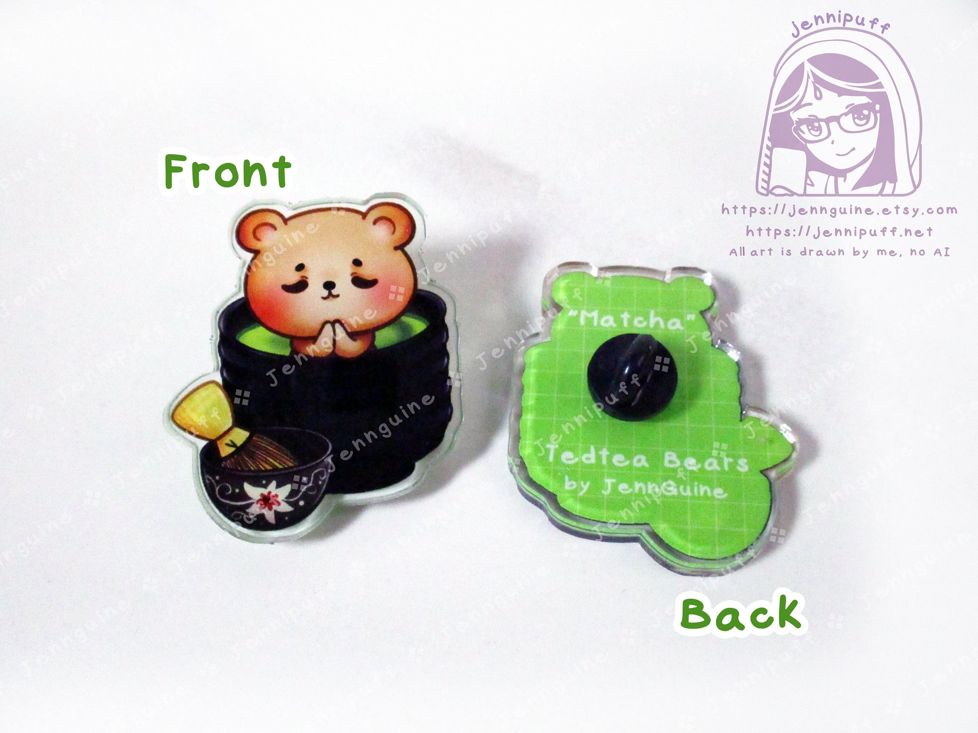 TedTea Bear Matcha Green Tea Double-Sided Double-Walled Recycled Acrylic 40mm 1.5in Pin with Black Rubber Clutch Original Character