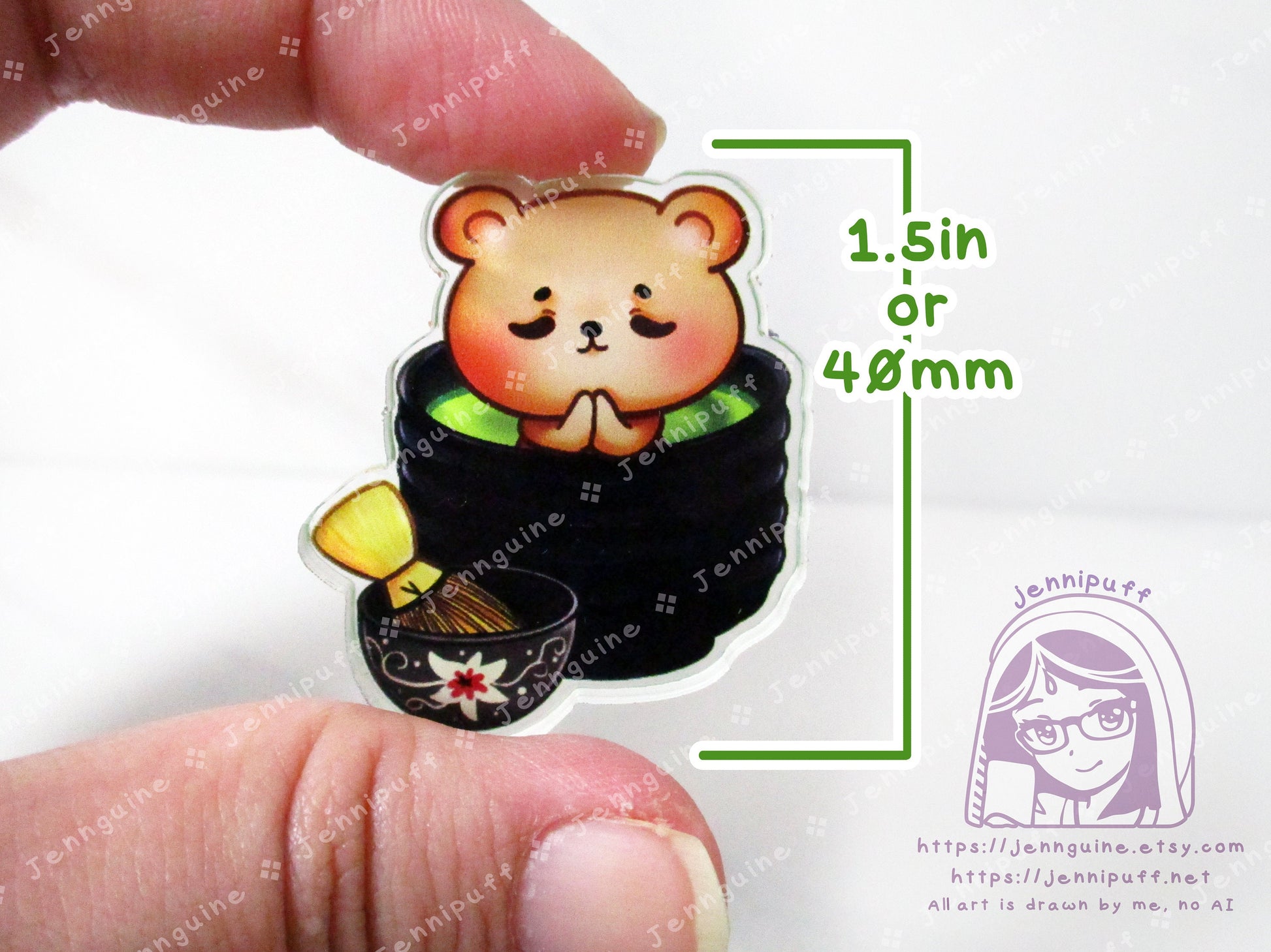 TedTea Bear Matcha Green Tea Double-Sided Double-Walled Recycled Acrylic 40mm 1.5in Pin with Black Rubber Clutch Original Character