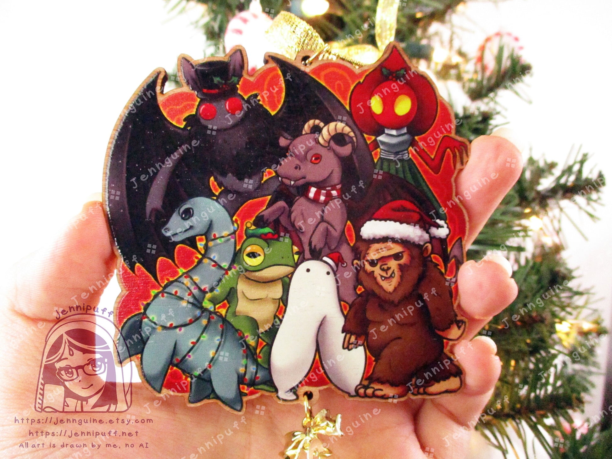 Cryptids Wooden Christmas Ornament | Includes 4x6in Print | Mothman,Loch Ness,Bigfoot,Sasquatch,Nightcrawler,Jersey Devil,Flatwoods Monster