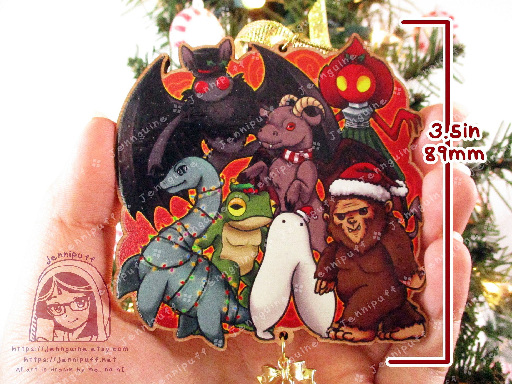 Cryptids Wooden Christmas Ornament | Includes 4x6in Print | Mothman,Loch Ness,Bigfoot,Sasquatch,Nightcrawler,Jersey Devil,Flatwoods Monster