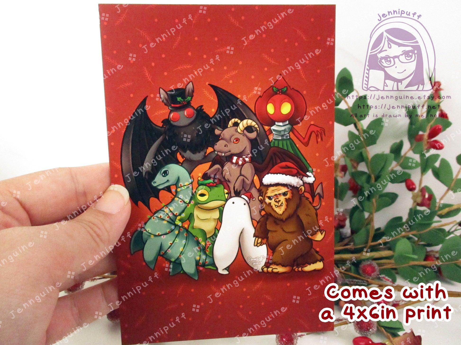 Cryptids Wooden Christmas Ornament | Includes 4x6in Print | Mothman,Loch Ness,Bigfoot,Sasquatch,Nightcrawler,Jersey Devil,Flatwoods Monster