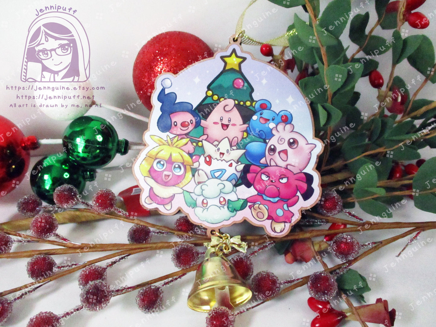 Baby PKMN Wooden Christmas Ornament | Comes with a 4x6in Print of the Artwork | MíméJr,Cléffà,Azúrill,Smóóchúm,Tógépí,Cóttónéé,Igglybúff