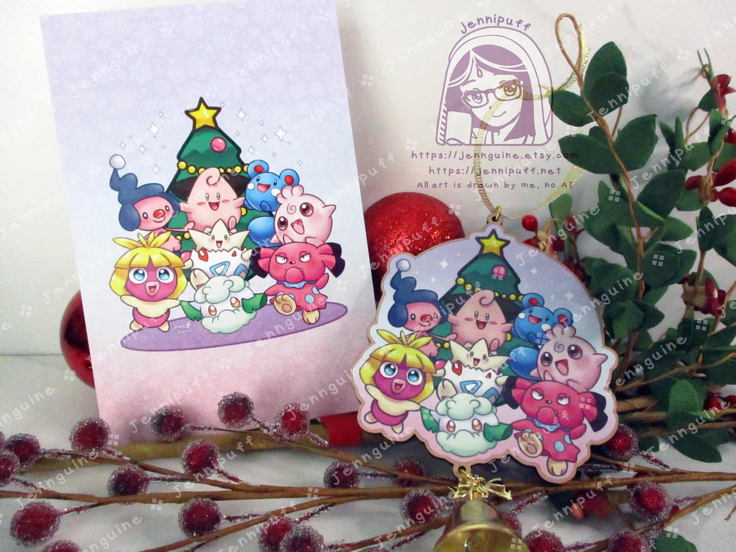 Baby PKMN Wooden Christmas Ornament | Comes with a 4x6in Print of the Artwork | MíméJr,Cléffà,Azúrill,Smóóchúm,Tógépí,Cóttónéé,Igglybúff