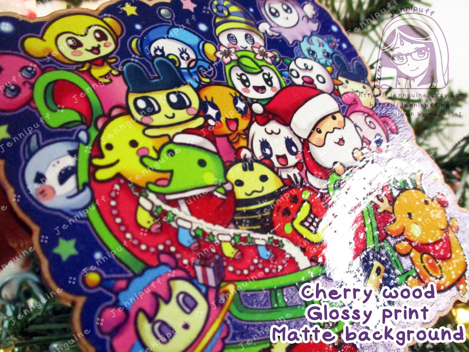 Tàmàgótchí Uni Wooden Cute Kawaii Christmas Ornament | Includes 4x6in Print | Tamagotchi Uni Characters Charm | Holiday Decoration Gift