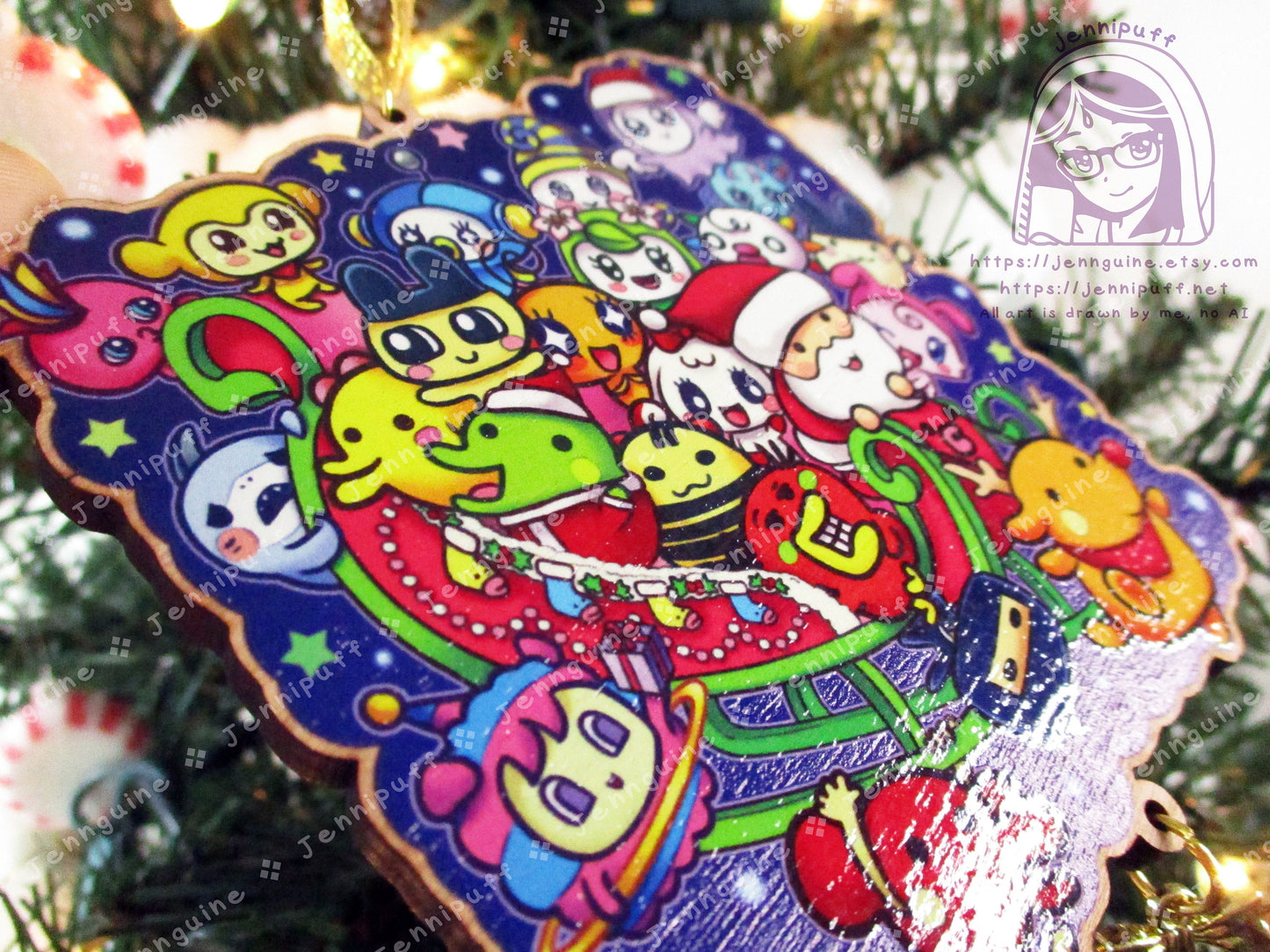 Tàmàgótchí Uni Wooden Cute Kawaii Christmas Ornament | Includes 4x6in Print | Tamagotchi Uni Characters Charm | Holiday Decoration Gift