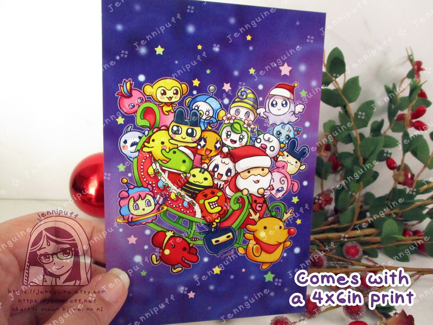 Tàmàgótchí Uni Wooden Cute Kawaii Christmas Ornament | Includes 4x6in Print | Tamagotchi Uni Characters Charm | Holiday Decoration Gift