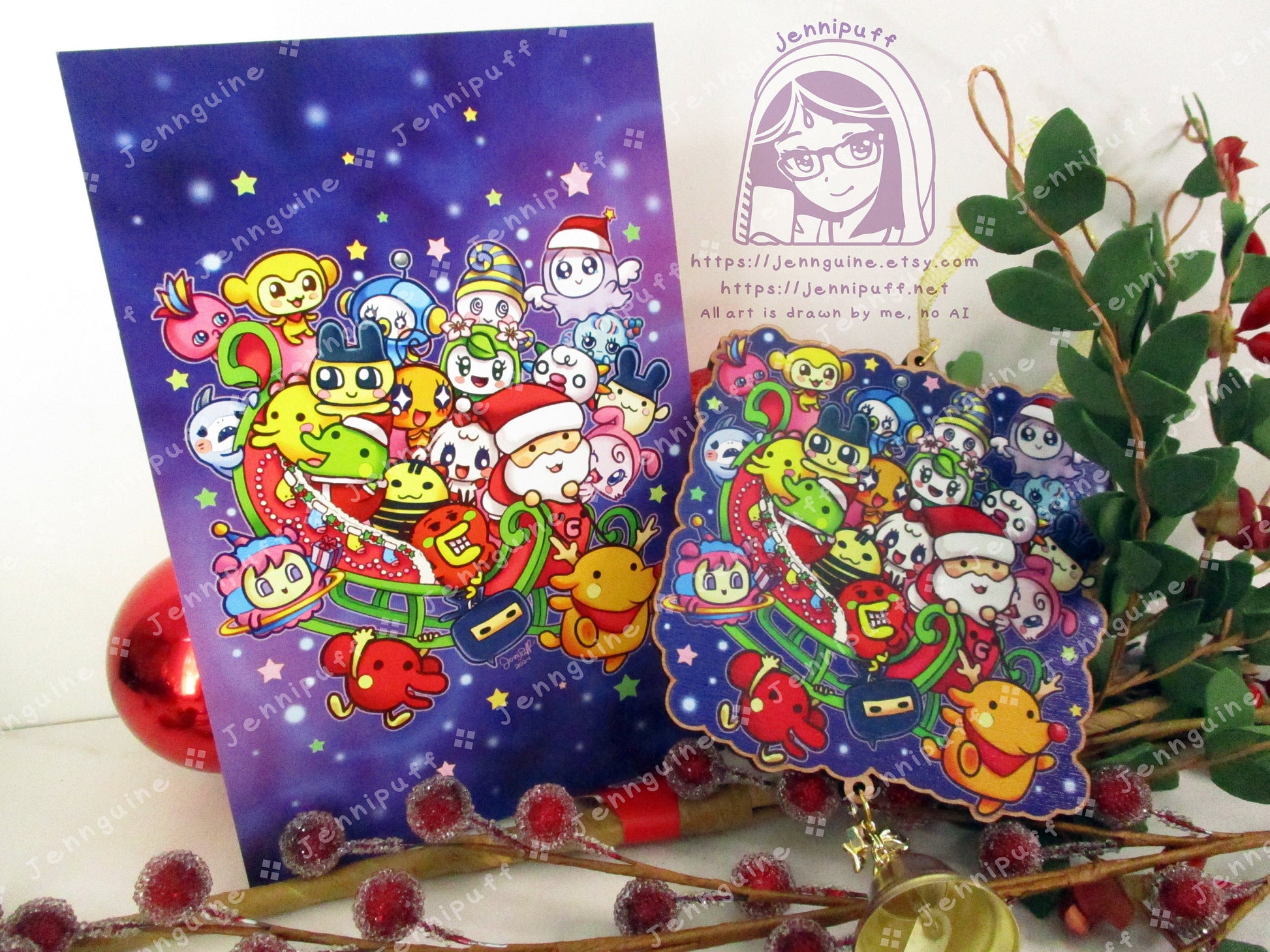 Tàmàgótchí Uni Wooden Cute Kawaii Christmas Ornament | Includes 4x6in Print | Tamagotchi Uni Characters Charm | Holiday Decoration Gift