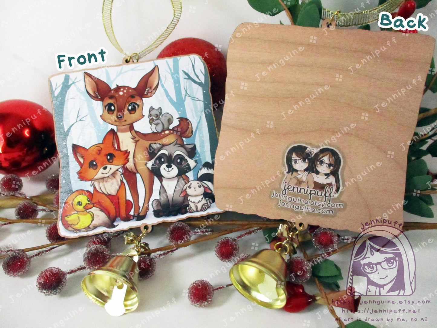 Woodland Critters Animals Cottagecore Wooden Christmas Ornament | Comes with a 4x6in Print of the Artwork | Deer,Fox,Duck,Squirrel,Raccoon