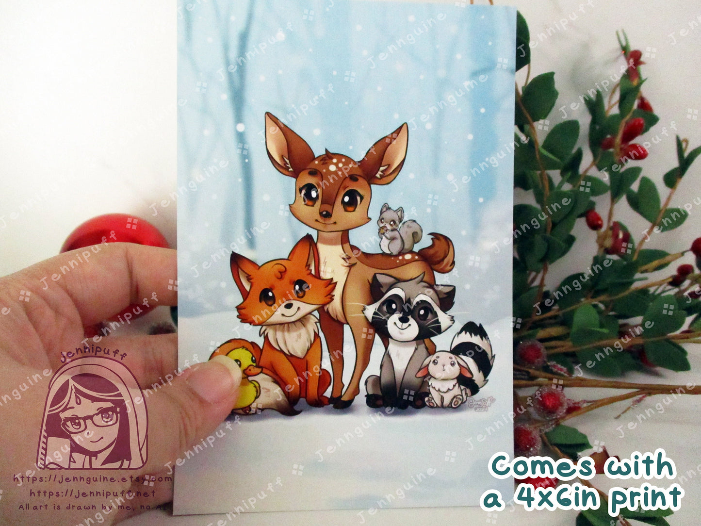 Woodland Critters Animals Cottagecore Wooden Christmas Ornament | Comes with a 4x6in Print of the Artwork | Deer,Fox,Duck,Squirrel,Raccoon