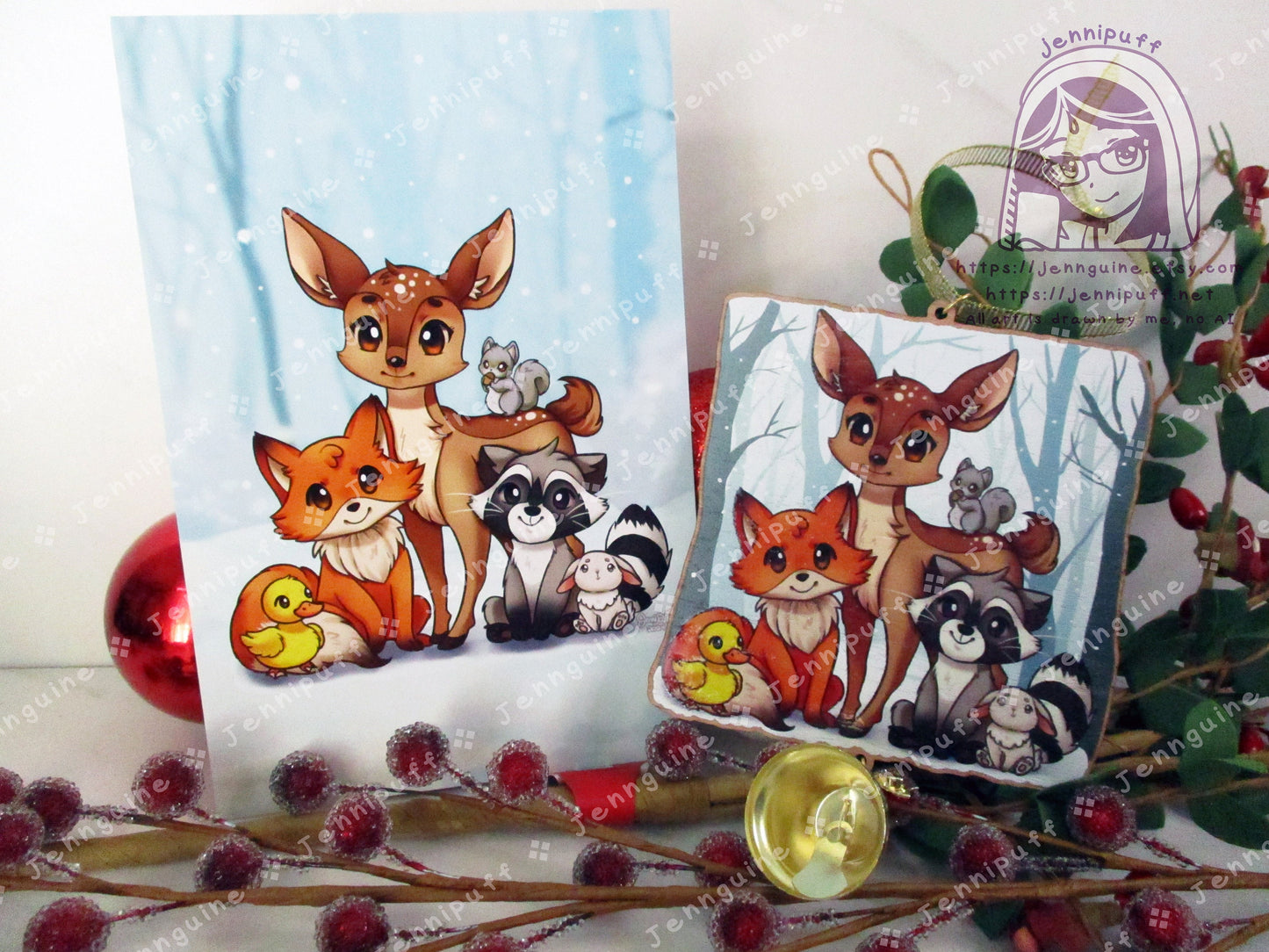 Woodland Critters Animals Cottagecore Wooden Christmas Ornament | Comes with a 4x6in Print of the Artwork | Deer,Fox,Duck,Squirrel,Raccoon
