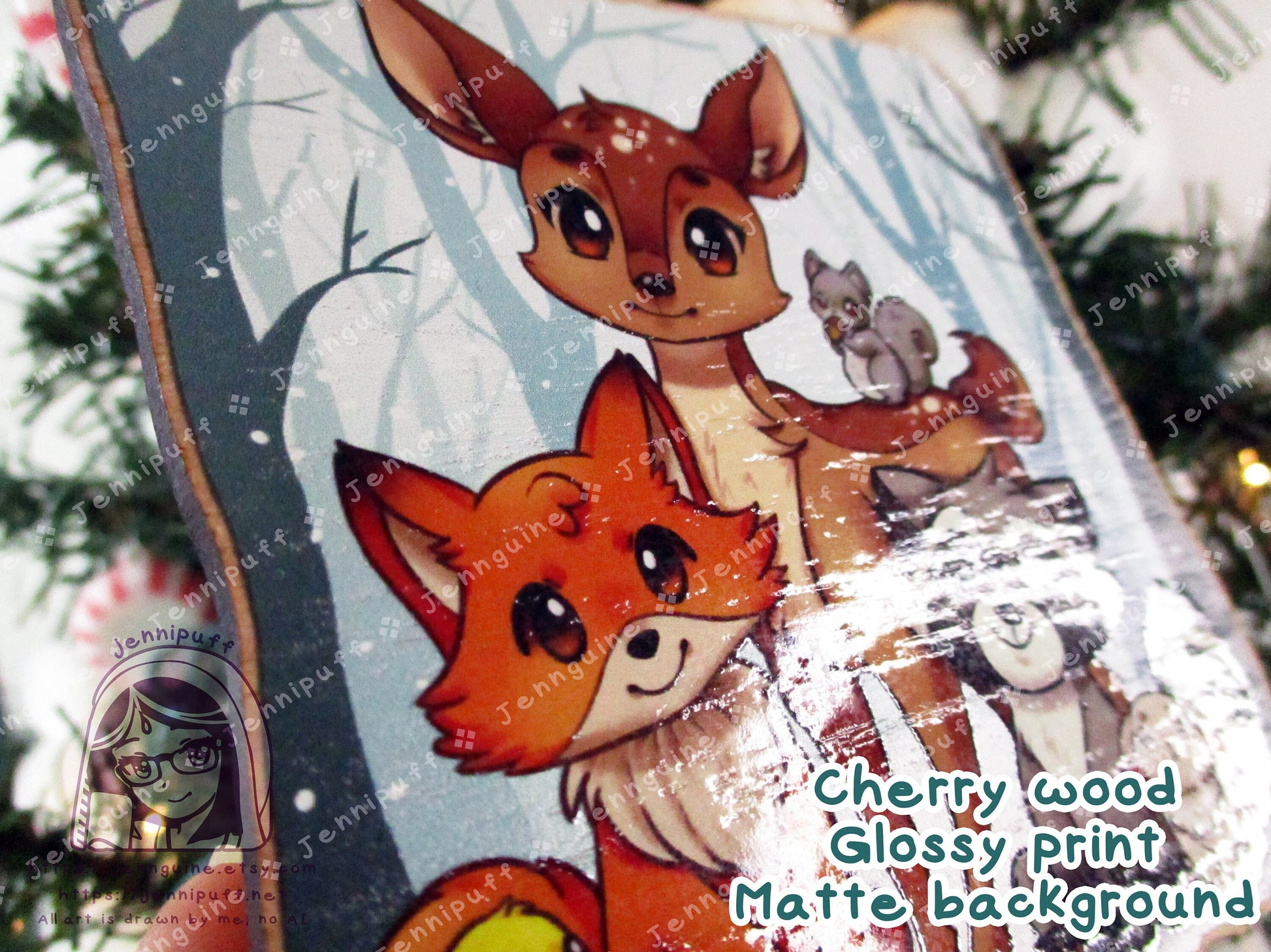 Woodland Critters Animals Cottagecore Wooden Christmas Ornament | Comes with a 4x6in Print of the Artwork | Deer,Fox,Duck,Squirrel,Raccoon