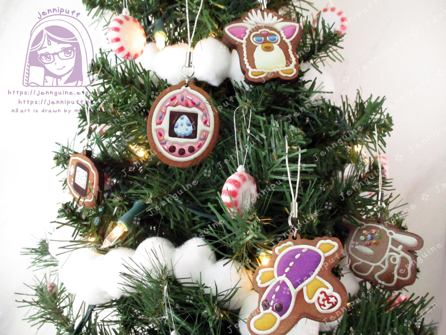 90s Toys 5 Pack 2in Small Wood Christmas Ornaments for Mini Tree | Includes 4x6in Postcard | Béanie Bàby,iDog,Fúrby Holiday Decoration Gift