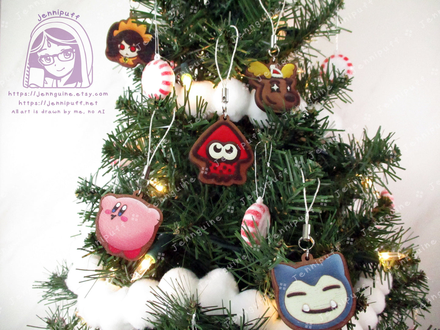 Video Game 5 Pack Small Wood Christmas Ornaments for Mini Tree | Includes 4x6in Postcard | Splatӧón,Snórlax,Kírby Holiday Decoration Gift