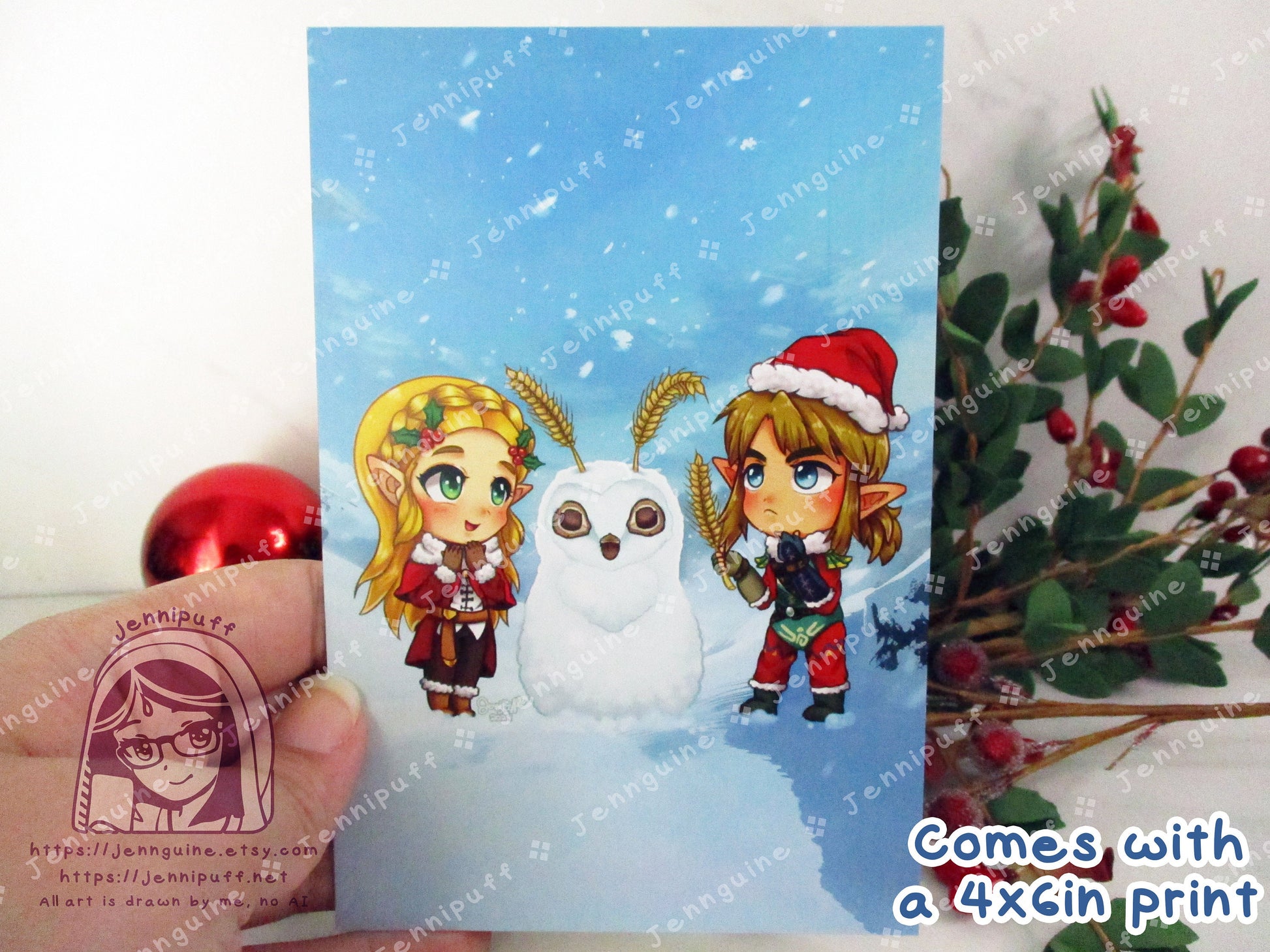 LóZ BótW TótK Wooden Christmas Ornament | Includes 4x6in Print | Línk and Zéldà Blúpéé Snowman Holiday Decoration Gift Video Game Lover