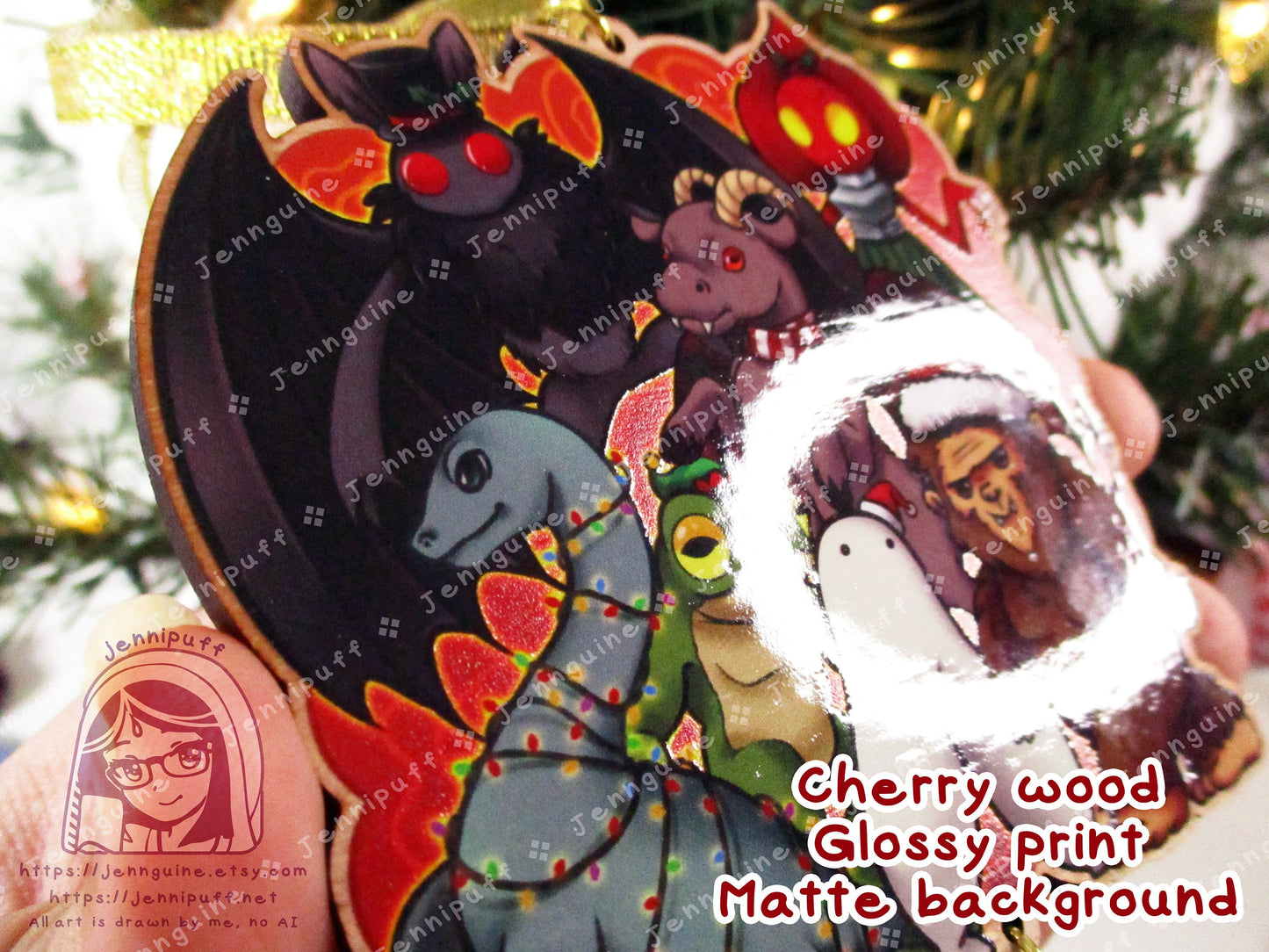 Cryptids Wooden Christmas Ornament | Includes 4x6in Print | Mothman,Loch Ness,Bigfoot,Sasquatch,Nightcrawler,Jersey Devil,Flatwoods Monster