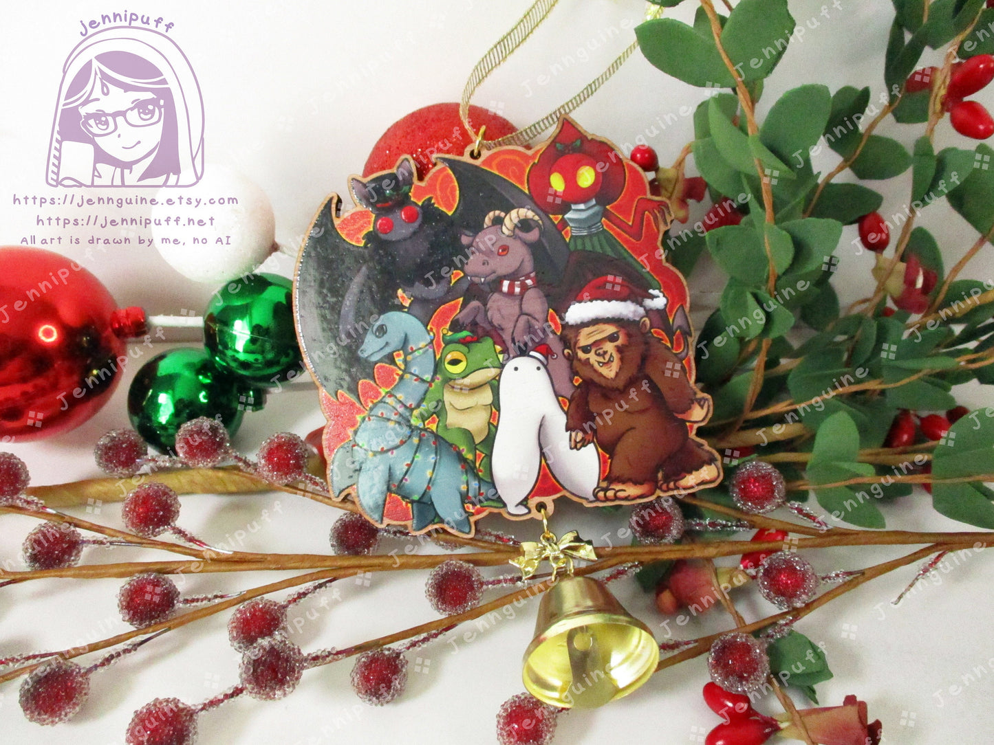 Cryptids Wooden Christmas Ornament | Includes 4x6in Print | Mothman,Loch Ness,Bigfoot,Sasquatch,Nightcrawler,Jersey Devil,Flatwoods Monster