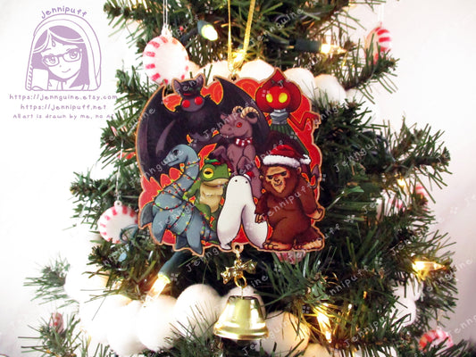Cryptids Wooden Christmas Ornament | Includes 4x6in Print | Mothman,Loch Ness,Bigfoot,Sasquatch,Nightcrawler,Jersey Devil,Flatwoods Monster