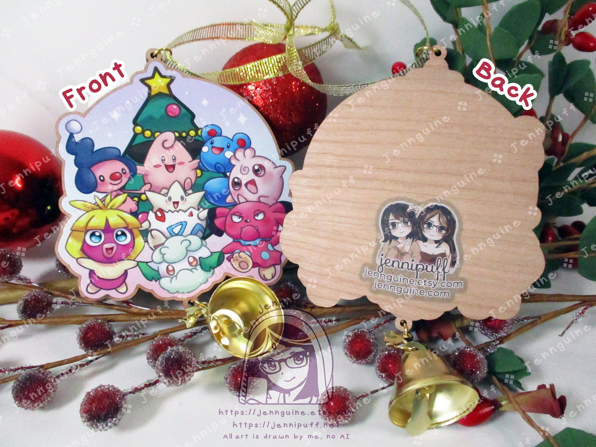 Baby PKMN Wooden Christmas Ornament | Comes with a 4x6in Print of the Artwork | MíméJr,Cléffà,Azúrill,Smóóchúm,Tógépí,Cóttónéé,Igglybúff