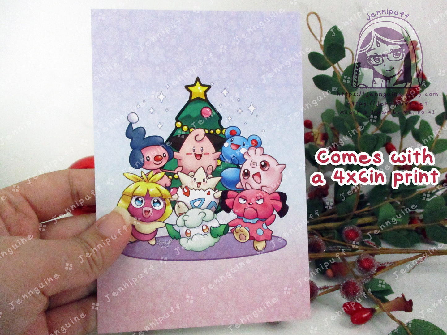 Baby PKMN Wooden Christmas Ornament | Comes with a 4x6in Print of the Artwork | MíméJr,Cléffà,Azúrill,Smóóchúm,Tógépí,Cóttónéé,Igglybúff