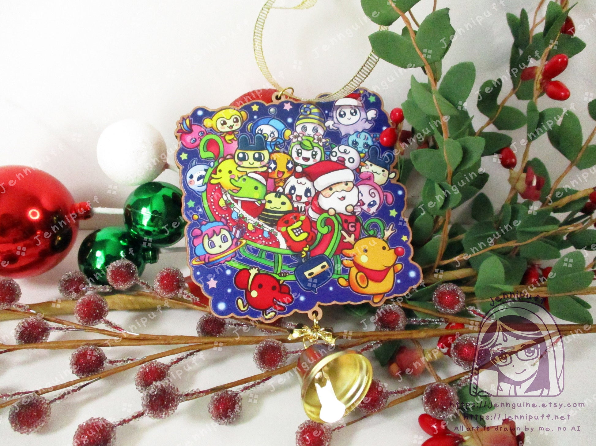 Tàmàgótchí Uni Wooden Cute Kawaii Christmas Ornament | Includes 4x6in Print | Tamagotchi Uni Characters Charm | Holiday Decoration Gift