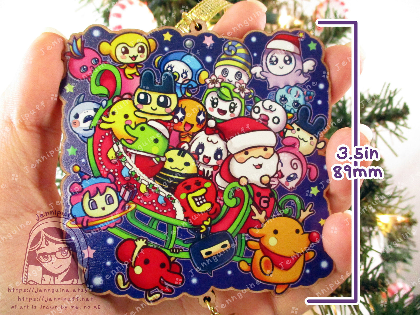 Tàmàgótchí Uni Wooden Cute Kawaii Christmas Ornament | Includes 4x6in Print | Tamagotchi Uni Characters Charm | Holiday Decoration Gift