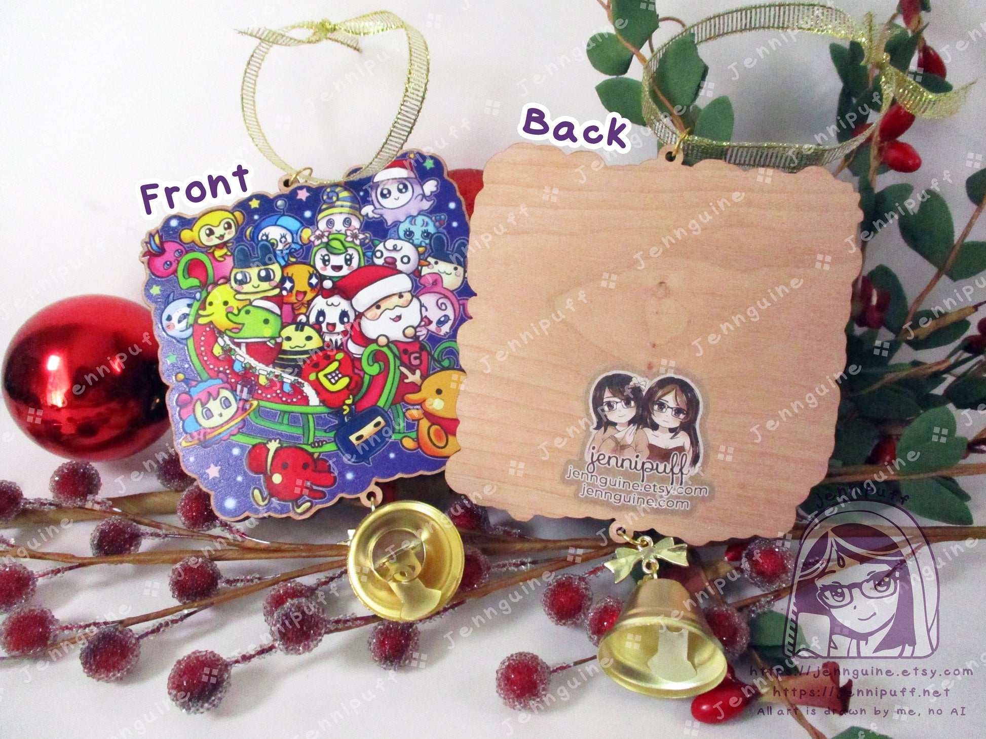 Tàmàgótchí Uni Wooden Cute Kawaii Christmas Ornament | Includes 4x6in Print | Tamagotchi Uni Characters Charm | Holiday Decoration Gift