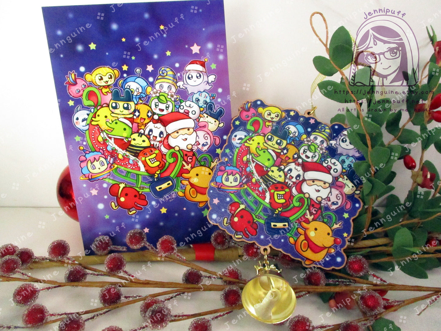 Tàmàgótchí Uni Wooden Cute Kawaii Christmas Ornament | Includes 4x6in Print | Tamagotchi Uni Characters Charm | Holiday Decoration Gift
