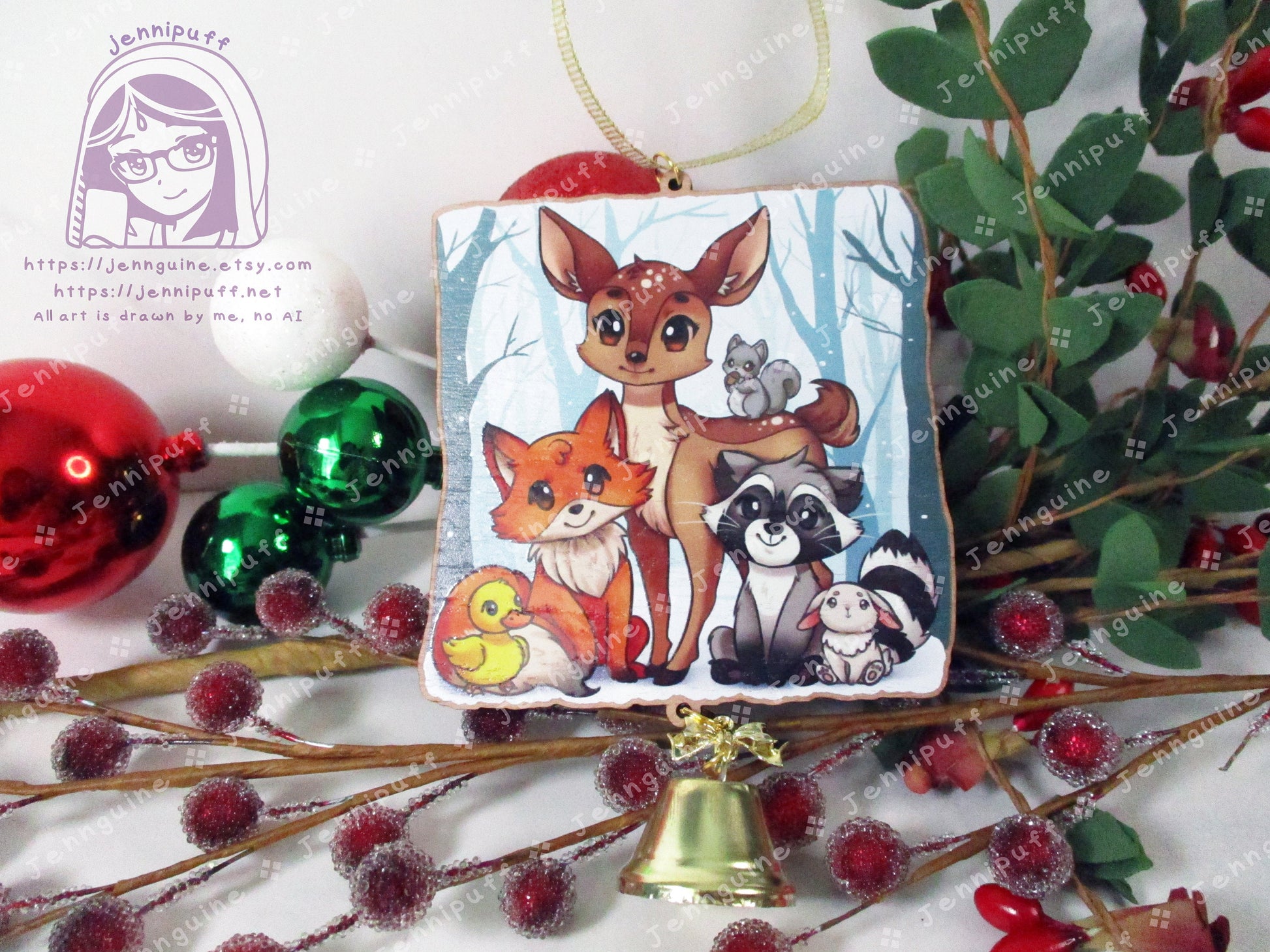 Woodland Critters Animals Cottagecore Wooden Christmas Ornament | Comes with a 4x6in Print of the Artwork | Deer,Fox,Duck,Squirrel,Raccoon