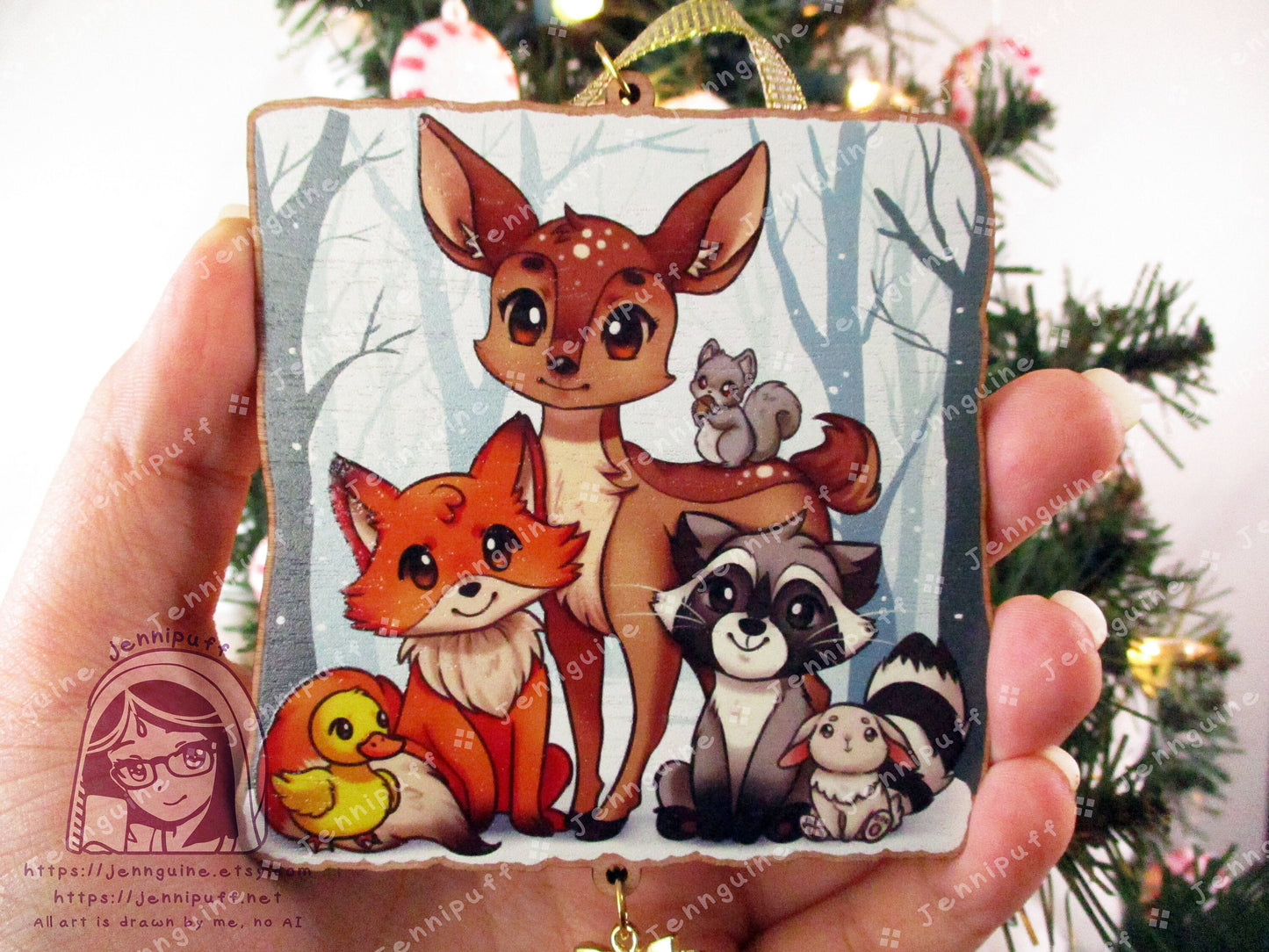 Woodland Critters Animals Cottagecore Wooden Christmas Ornament | Comes with a 4x6in Print of the Artwork | Deer,Fox,Duck,Squirrel,Raccoon