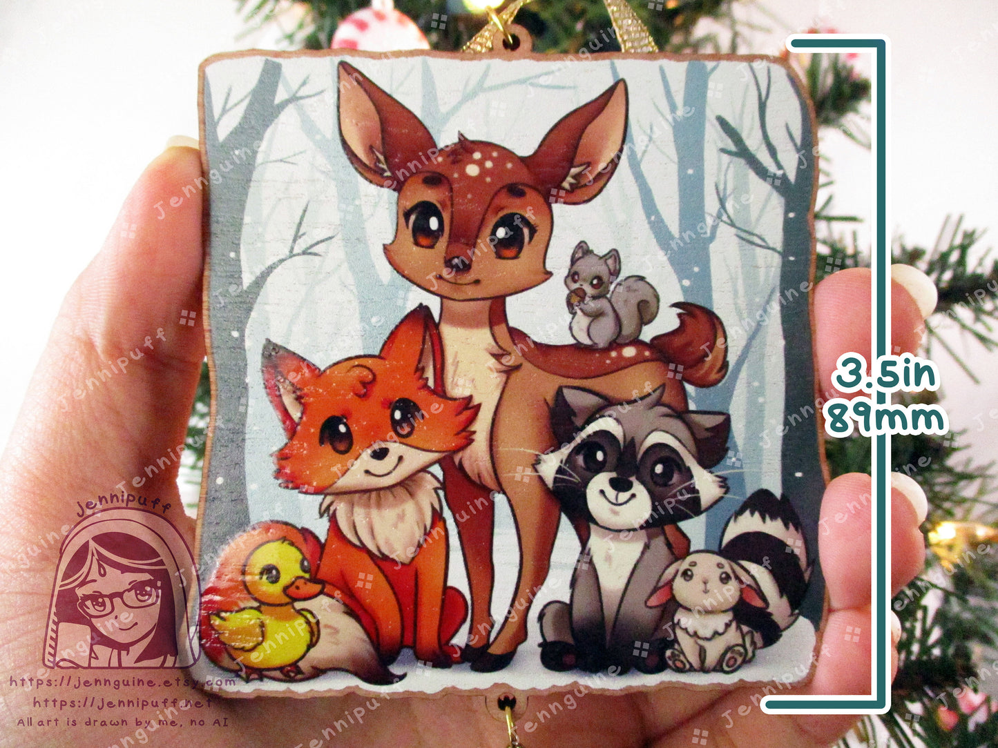 Woodland Critters Animals Cottagecore Wooden Christmas Ornament | Comes with a 4x6in Print of the Artwork | Deer,Fox,Duck,Squirrel,Raccoon